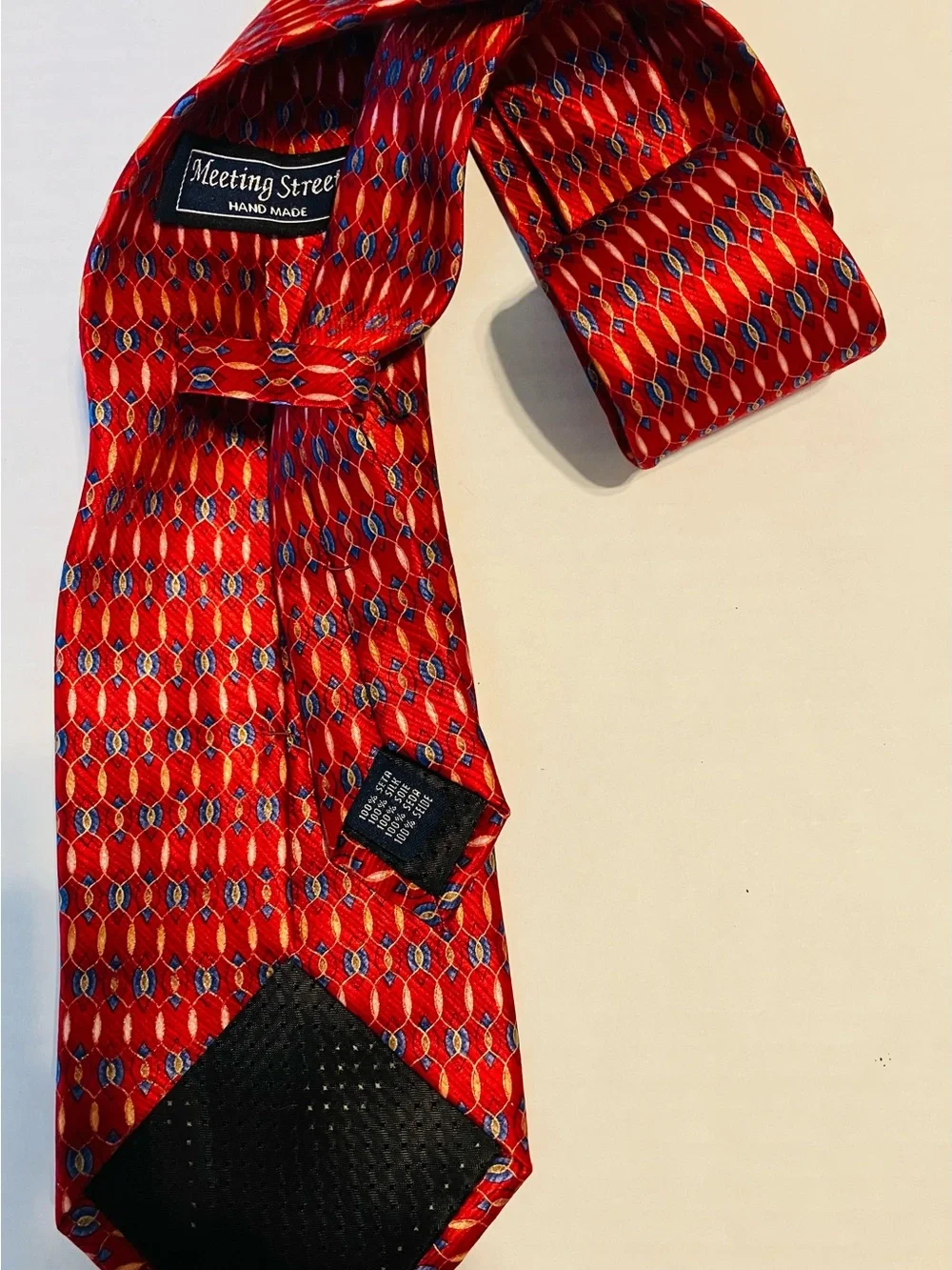 Meeting Street Red Silk Geometric Pattern Hand Made Men's Tie